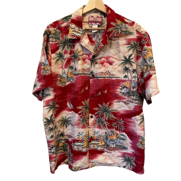 Vintage RJC Hawaiian Shirt Button Up Short Sleeve Magnum PI Palm Trees Floral - Picture 1 of 16